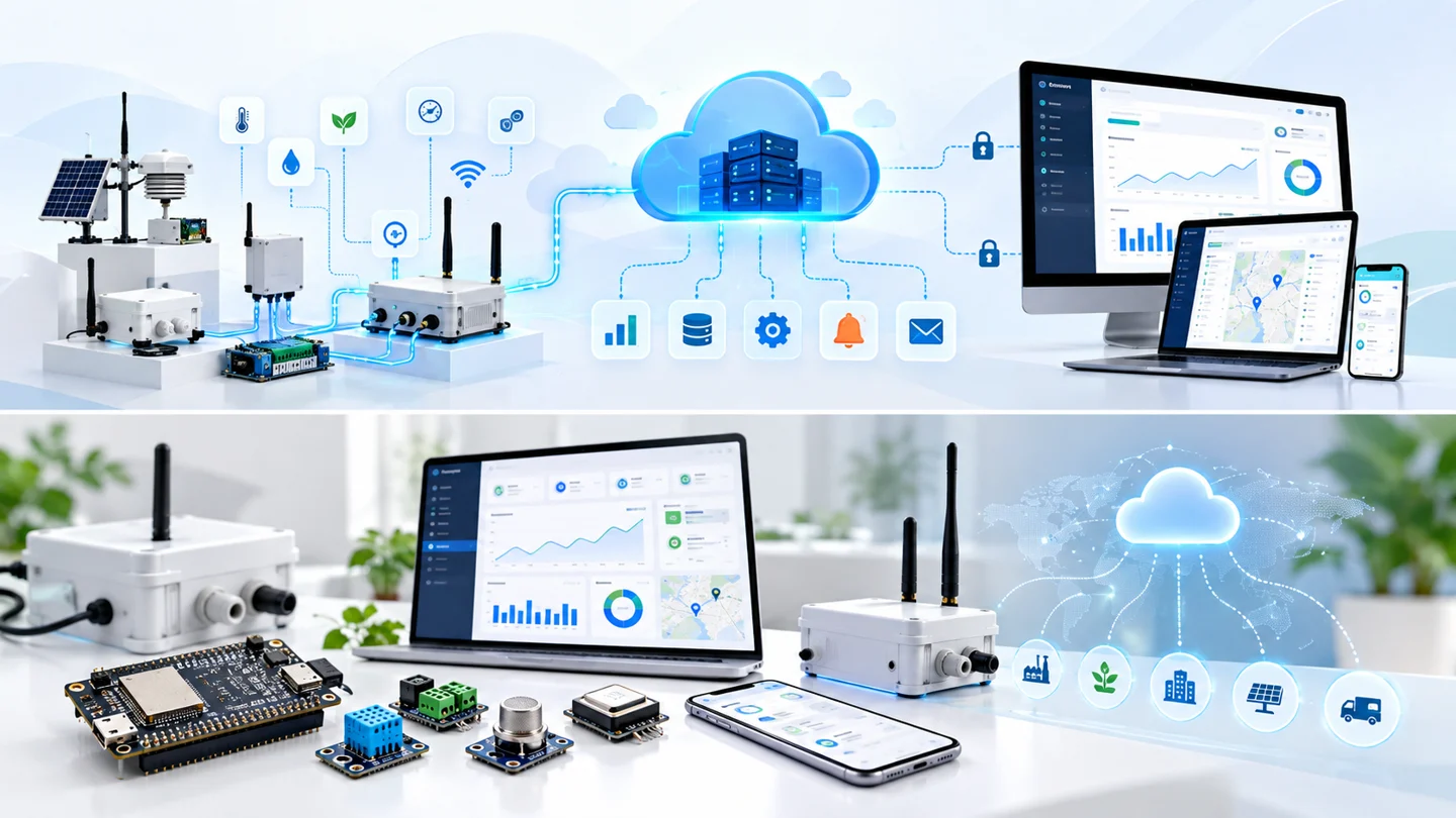 Illustration of connected sensors, gateways and an IoT monitoring dashboard